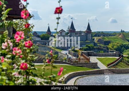 Die mittelalterliche Burg in Kamjanez-podilskyj mit steinernen Mauern und Türmen ist von Grünflächen umgeben. Schöne rosa Blumen auf Hintergrund-t Stockfoto