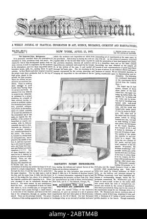 Eine wöchentliche Zeitschrift für PRAKTISCHE INFORMATIONEN IN WISSENSCHAFT MECHANIK CHEMIE UND PRODUZIERT. BARTLETT'S PATENT KÜHLSCHRANK. Weitere EXPERIMENTE MIT EISEN ZIELE UND ARMSTRONG WHITWORTH GEWEHREN., Scientific American, 1863-04-25 Stockfoto