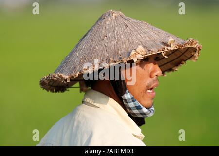 Landwirt trägt eine alte traditionelle palm leaf konische Hut. Porträt. Hoi An. Vietnam. Stockfoto