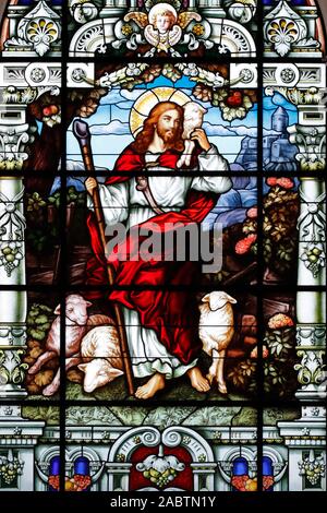 Jesus, dem Guten Hirten. Glasfenster. Thi Nghe Kirche. Ho Chi Minh City. Vietnam. Stockfoto