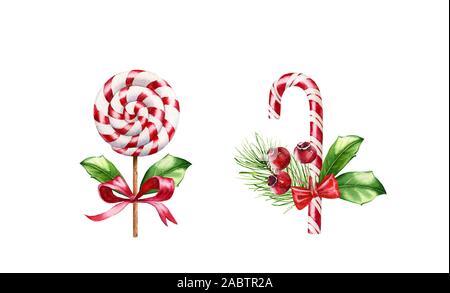Aquarell lollypop und Candy Cane mit weihnachtlichen Dekor. Hand gemalte Bild mit roten Spezialitäten. Essen Kunst für die Weihnachtszeit, Begrüßung Stockfoto