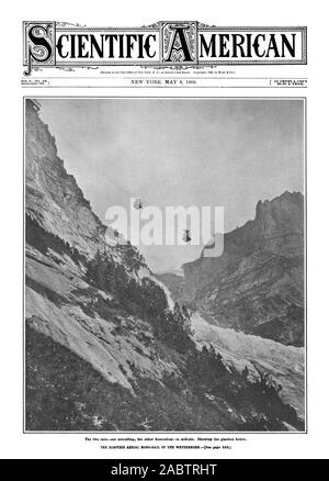 Vol.CNo. 19. 83.00 EIN JA. Die zwei Autos - eines der anderen Aufsteigend Absteigend - in der Luft. Zeigt die Gletscher weiter unten. Die ELEKTRISCHE ANTENNE MONO-Schiene bis das WETTERHORN [siehe Seite 353.1, Scientific American, -1909-05-08 Stockfoto