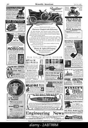 NICKEL Galvanik B Hanson & Van Winkle Co. kalt verzinken AMERIKANISCHEN VERFAHREN KEINE ROYALTIE. S Werk nahe Räder Reisen alle Straßen Biene aaaaa Straßen werden durch nahe Räder gereist zu sein. HolsmanAutomobiles günstige Flugpreise nach Seattle CHICAG MILWAUKEE ein ST. PAUL BAHN F. A.4 £ 1 ft'en Motor Schmierung Listen werden jedem Auto für seine perfekte Schmierung. Zu Dale und Fakten von vitalem Interesse für die Autofahrer. VACUUM OIL CO nontosun. V.v. 6 oAnywh re Neue Belle Isle Motor Co Abteilung 1) DetroitMich. Engineerinz News DAS AUTO VON STETIGEN SERVICE Die neuen Mullins 1909 Modelle Hauptsitz und Werk Stockfoto