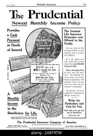 Bietet eine Bar bei Tod des Versicherten kosten, wenn Alter der Versicherten ist 30 und Alter des Begünstigten 25 $ 221.40 pro Jahr eine durchschnittliche Einsparung von $ 18,45 pro Monat. Jetzt. Ein monatlich an die Begünstigten für das Leben. Einkommen ist seit 20 Jahren in jedem Fall gezahlt, auch wenn die Begünstigten lebt nicht so lange. Die größte Lebensversicherung Schutz boten überhaupt in der Familie. Einkommen für das Leben. Dies ist der sicherste Weg, schreiben Sie für Angaben und Kosten für Sie. Sowohl ihr Alter und Alter des Begünstigten geben. Adresse Abt. 121. Die Prudential Insurance Company von Amerika als Aktiengesellschaft, die durch den Zustand von New Jersey Stockfoto