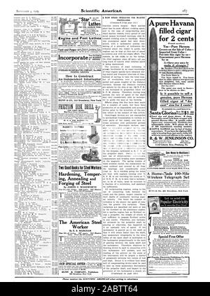 Star Motor und Fuß Drehmaschinen integrieren und BUSINESS IM ARIZONA STODDARD MIT UNTERNEHMEN, 8000 PHOENIX ARIZONA Wie zu konstruieren, eine unabhängige Unterbrecher MUNN & Co 361 Broadway New York BARKER MOTOREN Rohr schneiden und Threading Maschine Härten mildern das Schmieden von Stahl durch JOSEPH V. WOODWORTH Größe 6 Y X 9 X cm. 288 Seiten. 201 illustra tionen. Preis 2,50 $ postpaid Die amerikanische Stahl Arbeitnehmer durch E.R. MARKHAM. Preis 2,50 $ Postpaid MUNN&Company Verlage 361 Broadway New York Propeller. Spezielle Kostenlose bieten beliebte Electricity-Publishing Co. eine reine Havanna gefüllte Zigarre für 2 Cent ( Stockfoto