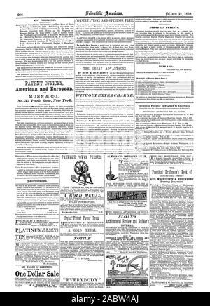 Nr. 37 Park Row New York. Ohne Aufpreis. Europäische Patente. MUNN & Co. patentierten Erfindungen in England durch die Amerikaner. Admitomento. 100 YARDS DER FOLIE ein Dollar Verkauf eine GOLDMEDAILLE IN OLMSTEAD VERBESSERTE ÖLER immer mit der richtigen Seite nach oben S LOANIS und Maschinisten' & Ingenieure' Zeichnung Oompanion JOURNAL DAMPF, Scientific American, 1869-03-27 Stockfoto