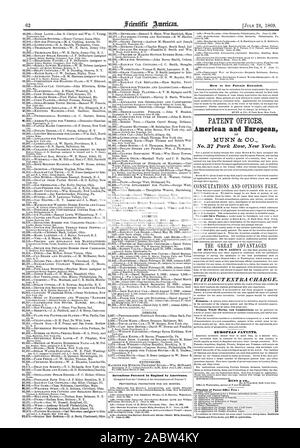 Patentierter Erfindungen in England durch die Amerikaner. Wie man Patente erweitert. MUNN & Co Nr. 37 Park Row New York. Ohne Aufpreis. Europäische Patente. MUNN dr CO., Scientific American, 1869-07-24 Stockfoto