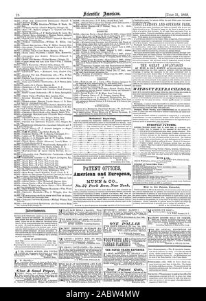 Patentämter der MUNN & Co.-Nr. 37 Park Row New York. Ohne Aufpreis. Europäische Patente. Zeitplan der Patentamt Gebühren: Heißkleber & Sand Papier einen DOLLAR DAS PAPIER HANDEL REPORTER Neues Patent Tor., Scientific American, 1869-07-31 Stockfoto