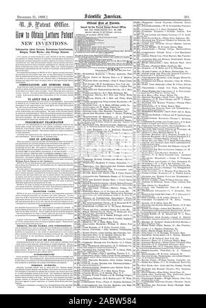 Dezember 1869.1 Informationen über Vorsichtsmaßnahmen Erweiterungen Störungen Designs Marken; als ausländische Patente. Beratungen und Stellungnahmen. Bewerben Sie sich FÜR EIN PATENT VORLÄUFIGER PRÜFUNG DER KOSTEN FÜR DIE ANWENDUNGEN. Abgelehnt. Vorbehalte REISSVES. DESIGNS MARKEN UND Kompositionen, die Patente, die VERLÄNGERT WERDEN KANN. Störungen ausländische Patente., Scientific American, 1869-12-11 Stockfoto