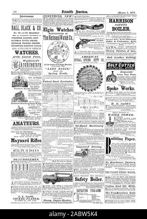 Neues Modell Harrison Kessel. Harrison Kessel arbeitet Philadelphia. 0 Broadway New York und 139 Federal st. Roston 1.''''' SCHLENKER'S PATENT" BOLZENSCHNEIDER Turbine Wasserräder sprach. Elgin Uhren hergestellt von allen Sorten der Elgin Uhren Uhren sind die BLEST Zeitnehmer jetzt der amerikanischen Öffentlichkeit Angeboten für Damen oder Herren mit der Eisenbahn oder anderen verwendet. London 4 S Cannon Street. Sicherheit Kessel. Gebäude Papier. . Jak. LEFFEL & Co Nr. 565 und 567 Broadway bieten ein unvergleichliches Sortiment 01 JURGENSEN NARDINE. JACOT SALTZMAN. NICOUD GERARD FRODSHAM PEARDON GORDING RUGENSTEIN Stockfoto