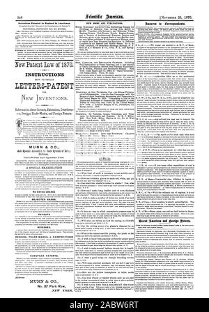 Patentierter Erfindungen in England durch Xmericans. 1 7 7 a1 mmin 1 HINWEISE BUCHSTABEN - PATENT MUNN & Co. OHNE AUFPREIS ABGELEHNT. Vorbehalte NEUAUSSTELLUNGEN. DESICNS MARKEN & KOMPOSITIONEN EUROPÄISCHE PATENTE. MUNN & Co Nr. 37 Park Row NEUE BÜCHER UND PUBLIKATIONEN. Abfragen., Scientific American, 1870-11-11 Stockfoto