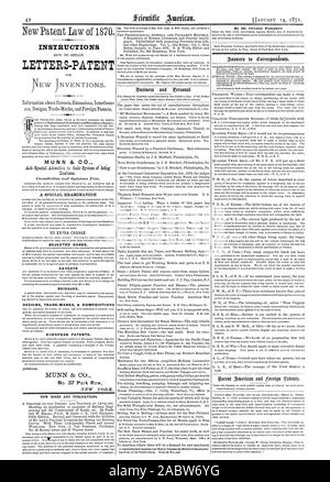 Anweisungen Buchstaben - PATENT MUNN & Co. Konsultation und Meinungen frei. Abgelehnt. Vorbehalte NEUAUSSTELLUNGEN. Europäische Patente. Adresse MUNN & Co Nr. 37 Park Row NEW YORK. Neue BÜCHER UND PUBLIKATIONEN. Durch die kreisförmige Flugschrift, Scientific American, 1871-01-11 Stockfoto