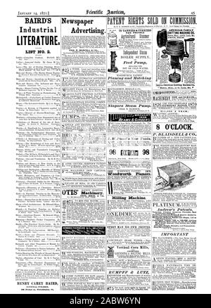 BAIRD'S Industrial Literatur. Liste Nr. 2. HENRY CAREY BAIRD Zeitung Werbung. OTIS BROS. Bei CO UND BALKEN RDERS 98 Woodworth Planern. Fräsmaschine vertikal Getreidemühlen kombiniert, um neue und 2 d. HAND. 8 O'Clock. Schwingende Motoren Doppel- und Einzelzimmer 1.2 t100 - Horse Power. Kreiselpumpen 100 bis 100.000 Gallonen pro Minute beste Pumpen in der Welt pass Schlamm Sand Kies Kohle Getreide etc. Mit der Verletzung. Alle Litschi einfach, langlebig und wirtschaftlich. Für Rundschreiben senden. Patentrechte zum Verkauf auf Kommission. Zu Gerber & CITRRIERS PR 1 NDLE KNITTING MACHINE CO., Scientific American, 1871-01-14 Stockfoto