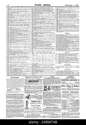 Zurück Seite 1'00 eine Linie innerhalb Seite 75 Cents pro Line S. BLAISDELL & Co Universal Holz Arbeiter. Amerikanische GRAPHITE CO "MINEN UND ARBEITET TICONDEROGA. Angebote zu Herstellern! Nr. 37 Park Row New York. HARTFORD Steam Boiler CAPITAL $ 500000. Dampfkessel HOME OFFICE in Hartford Anschl. Patent GETREIDEMÜHLEN., Scientific American, 1871-02-11 Stockfoto