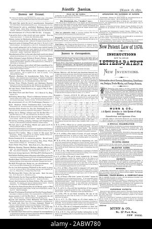 Mill.1. W Fakten ior der La stirbt. Die Pittsburgh Pa'Führer sagt: ANTRÄGE AUF VERLÄNGERUNG VON PATENTEN. Anweisungen Buchstaben - PATENT MUNN & Co. OHNE AUFPREIS ABGELEHNT. Vorbehalte NEUAUSSTELLUNGEN. DESIGNS MARKEN & KOMPOSITIONEN EUROPÄISCHE PATENTE., Scientific American, 1871-03-11 Stockfoto