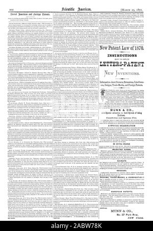 Anweisungen Buchstaben - PATENT MUNN & Co. OHNE AUFPREIS ABGELEHNT. Vorbehalte NEUAUSSTELLUNGEN. DESIGNS MARKEN & Kompositionen, Scientific American, 1871-03-11 Stockfoto