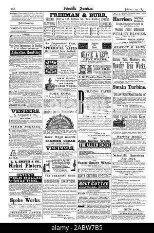 Ute in vier Wochen. Furniere. Bemerken. Maisentlieschmaschinen. VORSICHT. 7 Nr. 166 und 168 Mitte an. adr. Canal NEW YORK DAMPF ENGI 1 VES L.L. SMITH & Co. Nickel Http://chromitierung.surtec.com 6 HOWARD ST. New York sprach. Gebäude PAPIER Sicherheit Harrison Kessel arbeitet Philadelphia Pa UMPFF & LUTZ ZUM VERKAUF am Fuße des Osten bautafeln Street New York City JNO. S. SCHULTZE Swain Turbine. Die SWAIN TURBINE CO North Chelmsford Messe Modelle Scientific American FREEMAN & BURR PENN WERKE L. W. PondNew Tools. EXTRA SCHWERE UND VERBESSERTE Muster GETEERT UMMANTELUNG PREPAREDPLASTERINGBOARD DOUBLE DICK ROOFING Nr. 37 Park Row New York Stockfoto