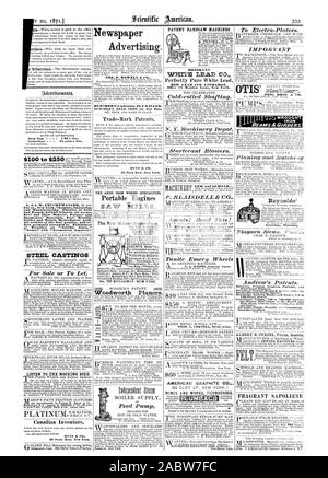 PPhiladelphia PA; Bost Nr. 707 BROADWAY NEW YORK PATENT BANDSÄGE MASCHINEN BROOKLYN perfekt rein weiße Leitung amerikanischen Graphite Co." 24 KLIPPE ST. NEW YORK. Minen UND ARBEITET TICONDEROGA. Gearing Wellenstrang der ow BROS. & Bügeleisen und Balken Balken "OTIS, Scientific American, 1871-05-20 Stockfoto