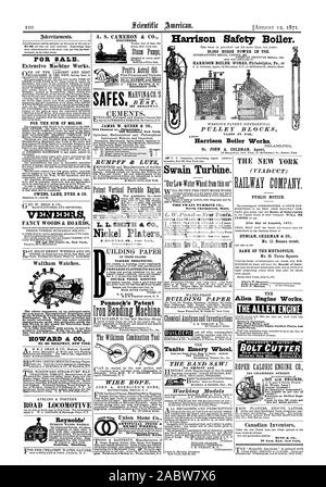 BOSTON, Mass. Gebäude Wasser - PROOFAPER BANK DER METROPOLE Nr. 31 Union Square. Die DEN ALLEN MOTOR. Porter's Gouverneur der Allen Kessel und Standard gerade Kanten Oberfläche Platten und-Winkel. SCHLENKER' S PATENT BOLZENSCHNEIDER 124 CHAMBERS STREET kein Wasser verwendet! Keine Versicherung gefordert! Keine Haftung aus der Bestellung zu erhalten! Neer! Tag pro Pferd macht. Gebäude Papier, Scientific American, 1871-08-12 Stockfoto