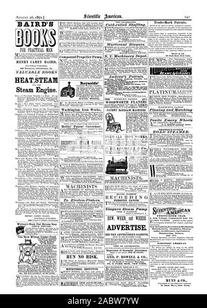 Die Verletzung. WOODWORTH PLANERN PATENT BAND 3 AW MASCHINEN NORWALK IRON WORKS DAVIS' PATENT MANOMETER. Werben. Siehe DES INSERENTEN ZEITUNG KOSTEN FÜR WERBUNG erfolgreiche Werbung. GEO. S. ROWELL & Co Werbung Agenten, Verleger und Händler für alle Arten von Drucker" Materialien. Nr. 41 PARK ROW NEW YORK. HENRY CAREY BAIRD 406 Walnut St. Philadelphia. Pa HEATSTEAFI Dampfmaschine. Compound Propeller Pumpe Washington Iron Works Bellis' Patent Gouverneur. Führen Sie KEIN RISIKO. METHFESSEL INSTITUT. Hilson-marken Patente. THOMSON'S PATENT SECHSUNDZWANZIGSTEN JAHR. Eine neue Band begann am 1.Juli Stockfoto