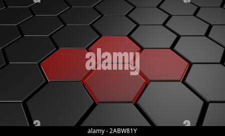 3d schwarz und rot Hexagon Hintergrund, 3D-Rendering. Stockfoto