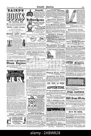 HENRY CAREY BAIRD 406 Walnut st. Philadelphia Pa patentierte April 19 10. Ein Sicher präventiv gegen Dampf Explosionen IIENRY J. PAINE & CO.Lock Box 665. Der vorsehung. I. TENONING & GESTALTUNG BANDSÄGEN BLÄTTERN sägt Wilkinson Kombination Pocket Tool. Bellis' Patent Gouverneur. THOMSON'S PATENT Dampfmaschinen New Haven Anschl. Der neue Wilson Under-Feed. . Für fünf Jahre Garantie eine Million Dollar. o. tonMass; PittsburgPa. Nr. 707 BROADWAY N'W YIN (Noiseoess Reibung genutete Portable ano Lager Roisters. Smoke-Burning Sicherheit Kessel. 100 - Horse Power. Kreiselpumpen 100 bis 100000 G'allont pro Stockfoto