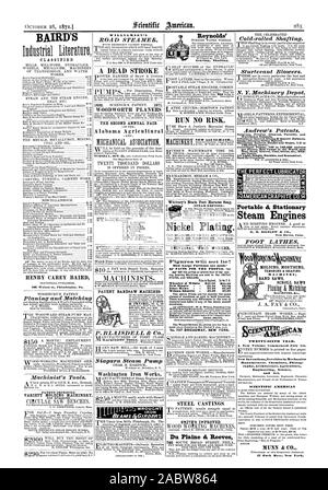 BAIRD'S HENRY CAREY BAIRD 406 Walnut st. Philadelphia Pa PATENT VERBESSERT VIELZAHL SPRITZGIESSMASCHINEN und Verstellbare klassifiziert ein toter ANSCHLAG WOODWORTH PLANERN DIE ZWEITE JÄHRLICHE MESSE Alabama landwirtschaftlichen LAUFEN KEIN RISIKO. Neue und 2 d. HAND Vernickelt. UNIVERSAL HOLZ ARBEITNEHMER Zahlen werden nicht lügen! Wilson Shuttle 40,00 45,00 Nr. 707 BROADWAY NEW YORK. Stahlguss THETERFECTLUBRIGATOR OAMERICAN GRAPHITE CO' SECHSUNDZWANZIGSTEN JAHR. Eine neue Band begann am 1. Juli. Neue InventionsNovelties in der Mechanik dünnschichtchromatografie Architektur. Landwirtschaft Ingenieurwissenschaften. und Kunst SCIENTIFIC AMERICAN MUNN & CO 37 Park Row Stockfoto