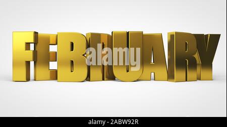 Februar 3d gold Text auf weißem, 3D-Rendering Illustration isoliert Stockfoto