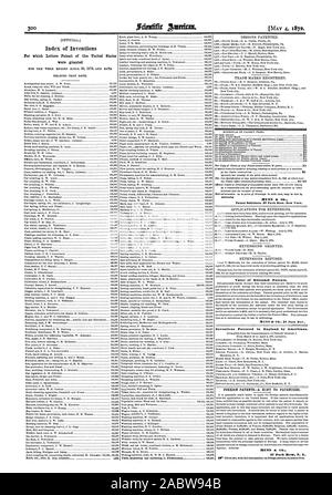 [Offizielle. Index der Erfindungen, für die Patentschriften der Vereinigten Staaten 125945 DESIGNS PATENTIERTE gewährt wurden. Marken eingetragen. BlIJNN dr C Patent Anwälte 37 Park Row Sew York. 50 Kranke ANWENDUNGEN FÜR ERWEITERUNGEN. Verlängerungen gewährt. Erweiterungen abgelehnt. Wert der Erweiterten Patente. NUNN dr CO 37 Park Ro MUNN&C 37 Park Row N.Y. AUSLÄNDISCHE FATENTS - EIN HINWEIS AUF DIE PATENTINHABER, Scientific American, 1872-05-04 Stockfoto