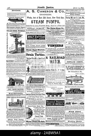 A. S. CAMERON & CO INGENIEURE arbeitet Fuß von Osten 23c 1 Street New York City. ASPHALTE DACHPAPPE. Die echte Chester Emery NILES TOOL WORKS Cincinnati Ohio. Schweres Material auf gemeinsame Straßen sollte siehe AVELING & PORTER gefeierten englischen Menü referierte Straße Lokomotiven, die ständig bei der Arbeit in der Nähe von New York und anderen Orten in den Vereinigten Staaten mit den größten Erfolg. W. C. OASTLER anwenden. 43 Exchange Place New York. Hersteller General Agent. 93 Liberty Street Neue YORE.. Von John Phin. Nicht für Werbe tising Zwecke veröffentlicht. Per e-mail für 25 ets. Als Kataloge der 2d-Handbücher Stockfoto