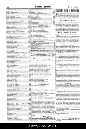 MUNN&C vorläufige Prüfung. Um eine Anmeldung für ein Patent. Vorbehalte. Neuausstellungen. Abgelehnt. Marken. Patentierter Erfindungen in England durch die Amerikaner. Ausländische PATENTE - EIN HINWEIS AUF DIE PATENTINHABER NUNN & C 37 Park Row N.Y., jetzt kann ich ein Patent 7 Wie kann ich am besten sichern Iffy Erfindung Geschmacksmuster. Europäische Patente. MUNN & Co. $ 7 Park Row jetzt York., Scientific American, 1872-07-20 Stockfoto