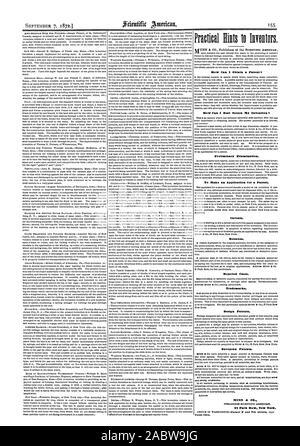 7. September 18721 Praktische Aufzüge zu Erfindern. Zeile kann ich ein Patent Wie kann ich am besten Sichern meine Erfindung vorläufige Prüfung. Um eine Anmeldung für ein Patent. Vorbehalte. Neuausstellungen. Abgelehnt. Marken. Deeign Patente. Europäische Patente. $ y Park Row New York., Scientific American, 1872-09-07 Stockfoto