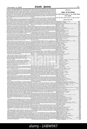 Index der Erfindungen, für die Buchstaben Patent in den Vereinigten Staaten gewährt wurden, Scientific American, 72-09-14 Stockfoto