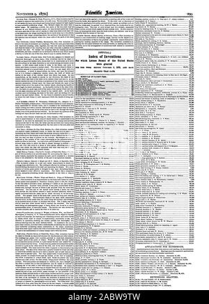 [Offizielle. Index der Erfindungen, für die Patentschriften der Vereinigten Staaten LAGER SAUGER DATUM gewährt wurden. 5 CEEDITLIS der PATENTGEBÜHREN:, Scientific American, 1872-11-09 Stockfoto