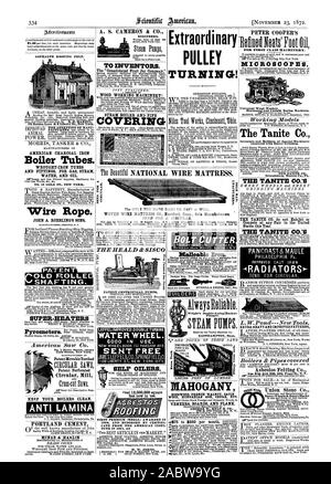 ASPHALTE DACHPAPPE. Amerikanische KOHLE BÜGELEISEN Kesselrohre. Schmiedeeiserne Rohre und Armaturen für Gas, Dampf WASSER UND ÖL. Nr. 15 GOLD ST. NEW YORK. Drahtseil. JOHN ist ein ROEBLING SÖHNE SUPER-Heizungen ANTI LAMINA PORTLAND CEMENT Bazley Weiß & Brothers London zum Verkauf von JAMES MARKE 55 Cliff St. N.Y. MCNAB & HARLIN Manufacturing Co Hersteller für Dampf WASSER UND GAS. Schmiedeeisen ROHRE UND FITTINGS. A. S. CAMERON & CO INGENIEURE FÜR ERFINDER. Die "Konsolidierte Obst Jar Unternehmen "HOLZ ARBEITEN XACHINERY. ich drehen! Für erstklassige Maschinen. Mikroskope Universal Holz Arbeiter Horizontale und Stockfoto