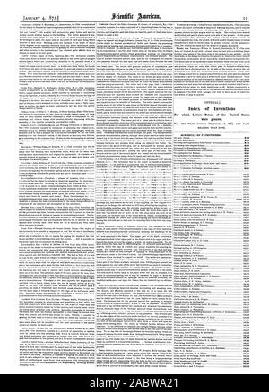 Offizielle Index der Erfindungen, für die Patentschriften der Vereinigten Staaten erteilt. Zeitplan der PATENTGEBÜHREN: $ 10 $ 20 630, Scientific American, 1873-01-11 Stockfoto