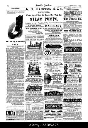 A. S. CAMERON & CO INGENIEURE arbeitet Fuß von Osten 23 d Street New York City. fUTVITSp WISSENSCHAFT RECORD Modelle MASCHINISTEN' TOOLS NEUE MUSTER. Die HEALD & SISC MOTOR: DAMPFMASCHINEN tragbar und stationär. UTICA STEAM ENGINE CO. Utica NEW YORK Über 15000000 Quadratfuß in Gebrauch. Asbest DACH Beschichtung. Asbest KESSEL FILZEN. Mahagoni Rosenholz Französisch Nussbaum satiniert HOLZ UNGARISCHEN ESCHE ZEDER usw. FURNIERE PLATTEN UND LIEGESTÜTZ. MCNAB & HARLIN tCILD R. OLLE sof SHAFTING. Schraube CUTTERi' SUPER-Heizungen EME ERHÖHTEN KABEL EISENBAHN. Amerikanische KOHLE BÜGELEISEN Kesselrohre. Schmiedeeiserne Rohre und Armaturen für Gas, Dampf Stockfoto