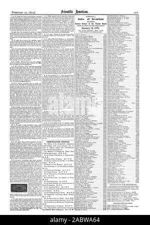 Offizielle Index der Erfindungen Patentschriften der Vereinigten Staaten am 14. Januar 1872 Mitteilungen empfangen., Scientific American, 1873-02-15 Stockfoto