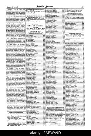 Acindifir Amnion. Zeitplan der PATENTGEBÜHREN KANADISCHEN PATENTE. Index der Erfindungen Patentschriften der Vereinigten. Mitgliedstaaten 4. Februar 1873, Scientific American, 1873-03-08 Stockfoto