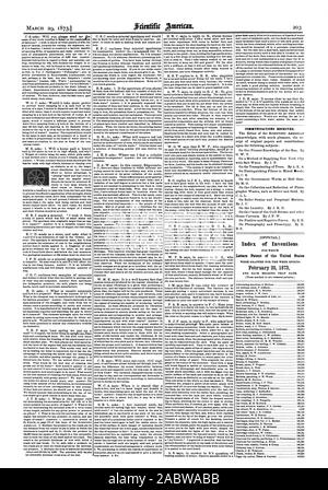 CORRUNICATIONS empfangen. Index der Erfindungen Patentschriften der Vereinigten Staaten am 25. Februar 1873, Scientific American, 1873-03-29 Stockfoto