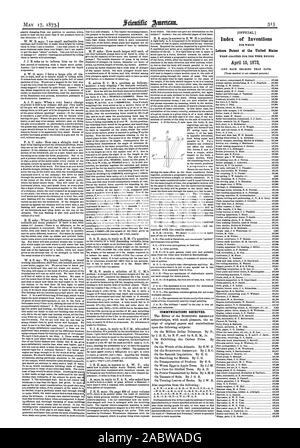 Kommunikation erhalten. Index der Erfindungen Patentschriften der Vereinigten Staaten am 15. April 1873, Scientific American, 1873-05-17 Stockfoto