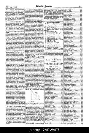 Kommunikation erhalten. Index der Erfindungen Patentschriften der Vereinigten Staaten den 22. April 1873, Scientific American, 1873-05-24 Stockfoto