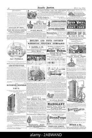 Das WASSERRAD EXTRA SCHWERE UND IRPROVED. LICIUS W. TEICH HERSTELLER ÖLER. SUPER-Heizungen AMERIKANISCHE KOHLE BÜGELEISEN Kesselrohre. Schmiedeeiserne Rohre und Armaturen für Gas, Dampf WASSER UND ÖL. Mahagoni GELOCHTEN CROSS-CUT. MUNN&C gerade veröffentlicht. Wissenschaft aufnehmen 1 8 7 3. 873 PALISANDER NUSSBAUM WEISS HOLLY SATIN HOLZ UNGARISCHEN ESCHE UND ALLE ARTEN VON HOLZ IN LOGS FLANKE BOARDS UND FURNIERE. Doppelt wirkende WASSER RAD Neue BOOKJUSTOUT-160 Seiten scull MCC ASBEST FILZEN, Scientific American, 1873-07-19 Stockfoto