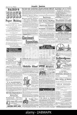 BAIRD'S ALLE BESCHREIBUNGEN DER BESTEN FUSS DREHMASCHINE ROPER HEISSE LUFT Exposition. "Lösliche Glas' Maschinen kalten Shafting gerollt. Sturtevant Gebläse. PATENT STANZEN SIIEARING MASCHINEN WALZWERKE UND MÜHLE MASCHINEN BEAGIRDERS oszillierende Motoren- und Doppelzimmer 1-2 100 - Horse Power. aus der Verletzung. Alle Light einfach, langlebig und wirtschaftlich. ForCirculars senden. WOODWORTH PLANERN BOULT DIE PATENT einzelnen Spindel kombiniert Molding Verkleidung & Taube tailing Maschine Turbine Wasserräder. DROP pressen. Us-Piano Co 810 Broadway N.Y. MOLDING VERZAPFENDEN TENONING & GESTALTUNG BANDSÄGEN BLÄTTERN SÄGEN HARTFORD R Stockfoto