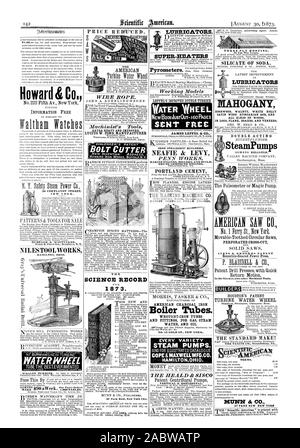 Wasser RAD AGENTEN DRAHTSEIL. Der Maschinist Tools EXTRA SCHWERE UND VERBESSERT. LUCIUS W. TEICH HERSTELLER WISSENSCHAFT AUFNEHMEN 1 8 7 3. FITCHBURG MASSE. Hersteller von PATENT VERTIKALE DAMPFMASCHINEN. Amerikanische KOHLE BÜGELEISEN Kesselrohre. Schmiedeeiserne Rohre und Armaturen für Gas, Dampf WASSER UND ÖL. Nr. 15 GOLD ST NEW YORK. Jede Vielzahl DAMPF PUMPEN. COPE & MAXWELL WIFO. CO. HAMILTONOH 3. 1. FIE HEALD & SISC im Jahre erzählen. Mahagoni NUSSBAUM WEISS HOLLY SATIN HOLZ UNGARISCHEN ESCHE UND ALLE RINDEN VON HOLZ. IN DEN LOGS PLANK BOARDS UND FURNIERE. Doppelwirkende SCHAUFEL - KOLBEN SteamPumps immer zuverlässig. Stockfoto