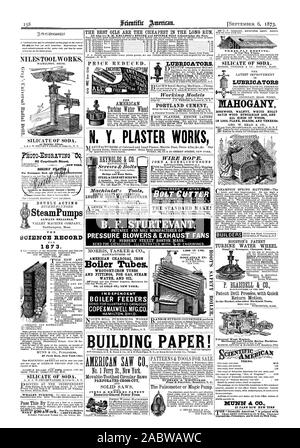 Amerikanische KOHLE BÜGELEISEN Kesselrohre. Schmiedeeiserne Rohre und Armaturen für Gas, Dampf und Wasser Öl Nr. 15 GOLD ST NEW YORK. Ich ND EPEN DENT KESSEL FEEDER BEWÄLTIGEN & MAXWELL Mfg. Co. HAMILTON. OH 10. OYE'S MILL EINRICHTUNG ARBEITET AIERICAR SAH CO GELOCHTEN CROSS-CUT IVENS & BROISIES PATENT ÖLER. PORTLAND CEMENT DRAHTSEIL. JOHN A. ROEBLING'S SÖHNE BOLZENSCHNEIDER die TANITE CO.STROUDSBURG PA HUBBARD & WHITTAKER vorne Az Pearl Ste. Brooklyn NY NEUESTE VERBESSERUNG DER SCHMIERSTOFFGEBER MAHAGONI NUSSBAUM WEISS HOLLY SATIN HOLZ UNGARISCHEN ESCHE UND ALLE ARTEN VON HOLZ IN LOGS PLANK BOARDS UND FURNIERE. GEO. W Stockfoto