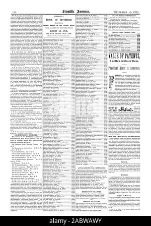 172 ISEPTEMBER 13 1873. Index von Erfindungen, 12. August 1873 ZEITPLAN DER PATENTGEBÜHREN; $ ich $ 20 850 815 830 WERT VON PATENTEN UND Wie zu bekommen. Wie kann ich meine Erfindung am besten sichern? Vorbehalte. Neuausstellungen. Kopien von Patenten., Scientific American, 73-09-13 Stockfoto