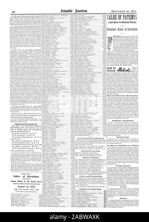 Kommunikation erhalten. [Offizielle. Index von Erfindungen, 19. August 1873 Erweiterungen gewährt. Zeitplan der PATENTGEBÜHREN: Und wie zu bekommen. Wie kann ich meine Erfindung am besten sichern? Vorläufige Prüfung. Abgelehnt. Um eine Anmeldung für ein Patent. Ausländische Patente. Vorbehalte. Neuausstellungen., Scientific American, 1873-09-20 Stockfoto