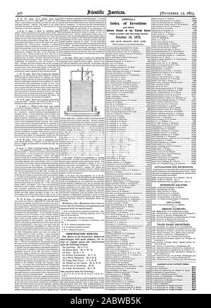 25 316 Zugang von Originalarbeiten und Beiträge auf die folgenden Themen: (Offizielle. Index der Erfindungen, FÜR DIE Patentschriften der Vereinigten Staaten am 14. Oktober 1873 ANWENDUNGEN FÜR ERWEITERUNGEN. Verlängerungen gewährt. DESIGNS patentiert. Marken eingetragen. 810 ZEITPLAN DER PATENTGEBÜHREN:, Scientific American, 1873-11-15 Stockfoto