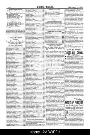 Mitteilungen empfangen. Zugang von Originalarbeiten und Beiträge auf die folgenden Themen: Index der Erfindungen Buchstaben Blasenmützenmoos der Vereinigten Staaten am 25. November 1873 Verlängerungen gewährt. Zeitplan der PATENTGEBÜHREN. Kanadische Patente. 0W ZU BEKOMMEN Malt alld Vorbehalte IN KANADA. MUNN & CO 37 Park Row New York. Und wie zu bekommen., Scientific American, 1873-12-11 Stockfoto